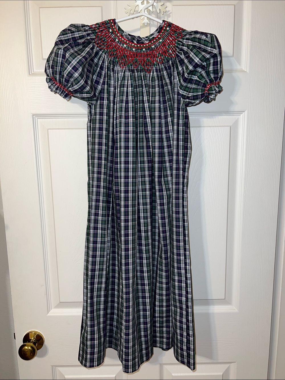 Girls Green and Navy Plaid Smocked Puff-Sleeve Dress